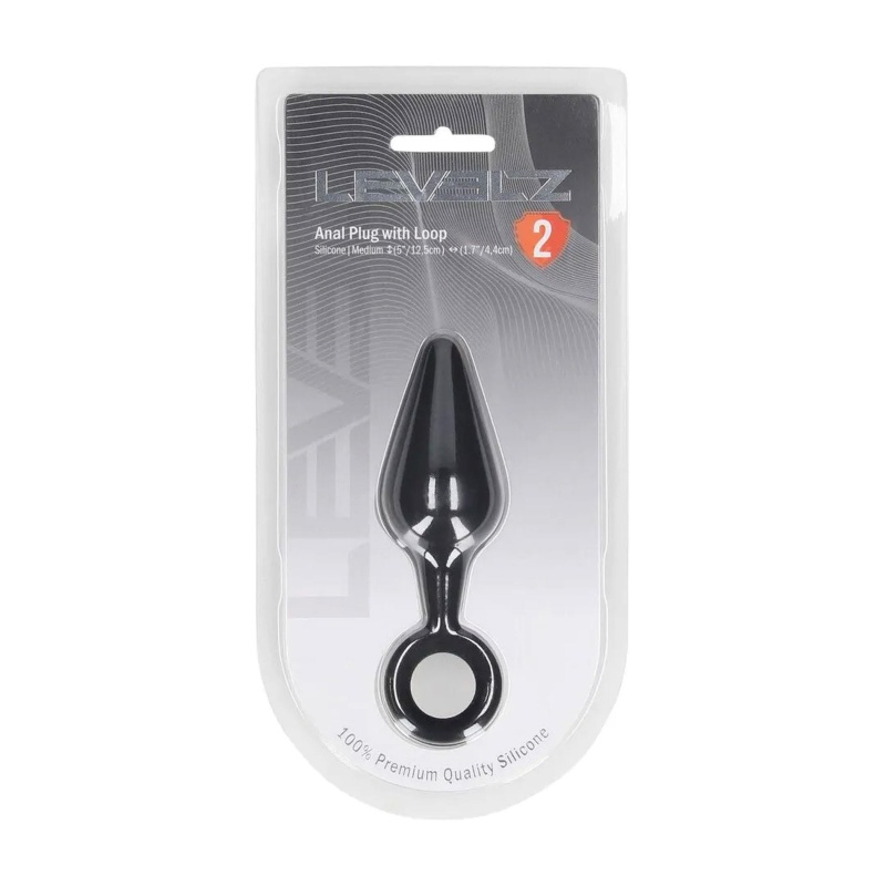 Silicone Anal Plug with Loop - M - Black - 2