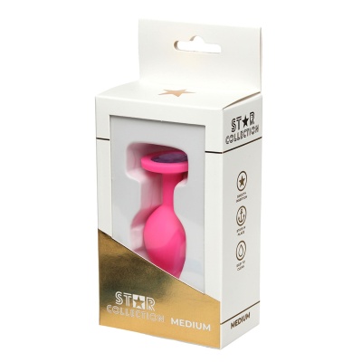 Star Collection - Pink Silicone Anal Plug M - Purple Stone - 1