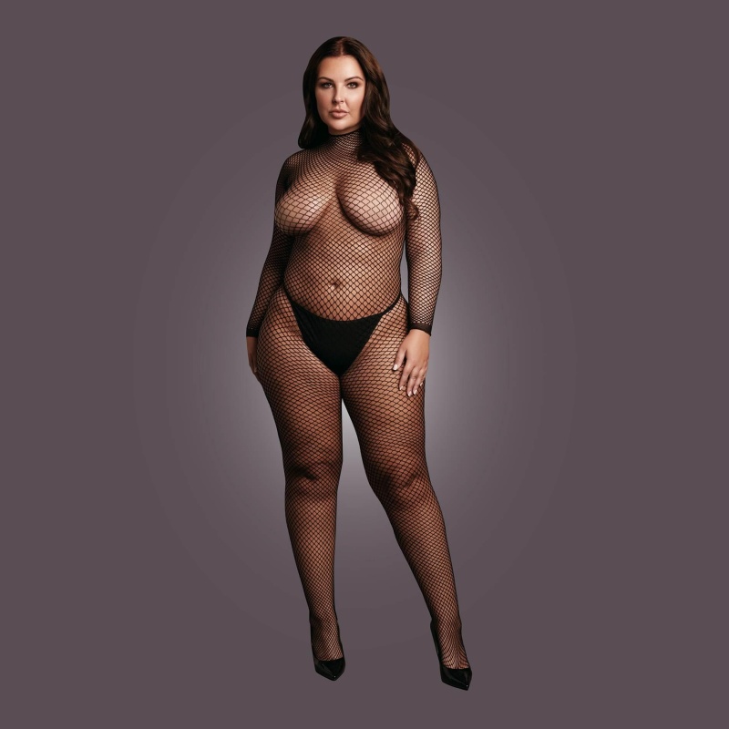 Bodystocking with fishnet structure, open crotch and turtle neck. - 5