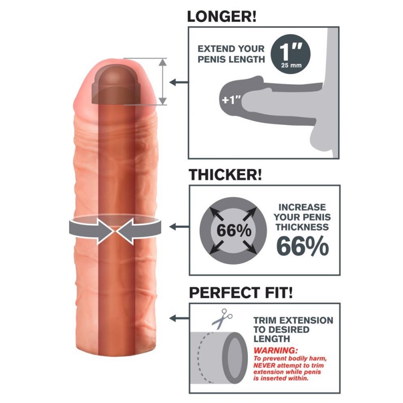 Nakładka na penisa FXT Mega 1″ Extension Flesh – poduszkowana końcówka, wydłużenie 2,5 cm, długość 17,7 cm, średnica 4,8 cm - 5