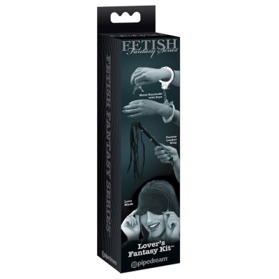Zestaw BDSM Lover's Fantasy Kit – 3-częściowy: regulowane kajdanki z kluczykami, pejcz i uniwersalna satynowa maska - 1
