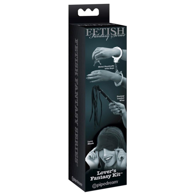 Zestaw BDSM Lover's Fantasy Kit – 3-częściowy: regulowane kajdanki z kluczykami, pejcz i uniwersalna satynowa maska - 1