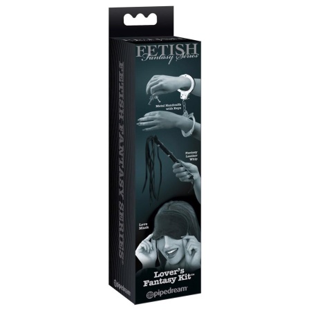 Zestaw BDSM Lover's Fantasy Kit – 3-częściowy: regulowane kajdanki z kluczykami, pejcz i uniwersalna satynowa maska - 1