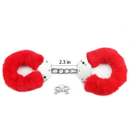 Kajdanki BDSM Fetish Pleasure Fluffy Handcuffs Red 19 cm - metalowe z czerwonym futerkiem - 2