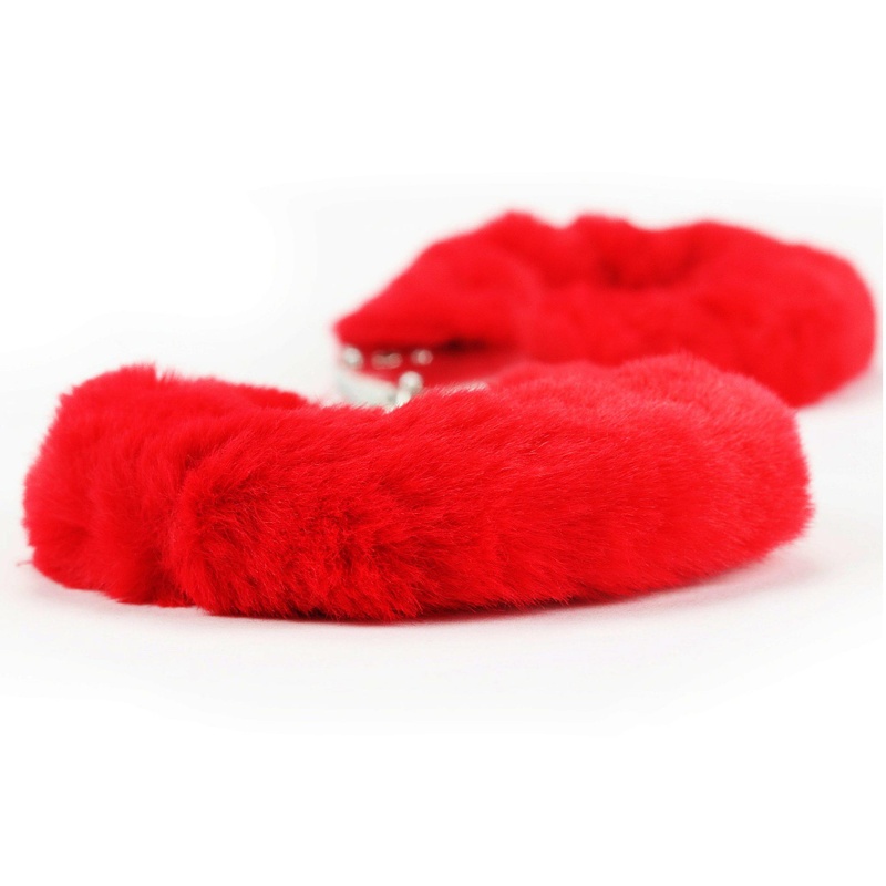 Kajdanki BDSM Fetish Pleasure Fluffy Handcuffs Red 19 cm - metalowe z czerwonym futerkiem - 3
