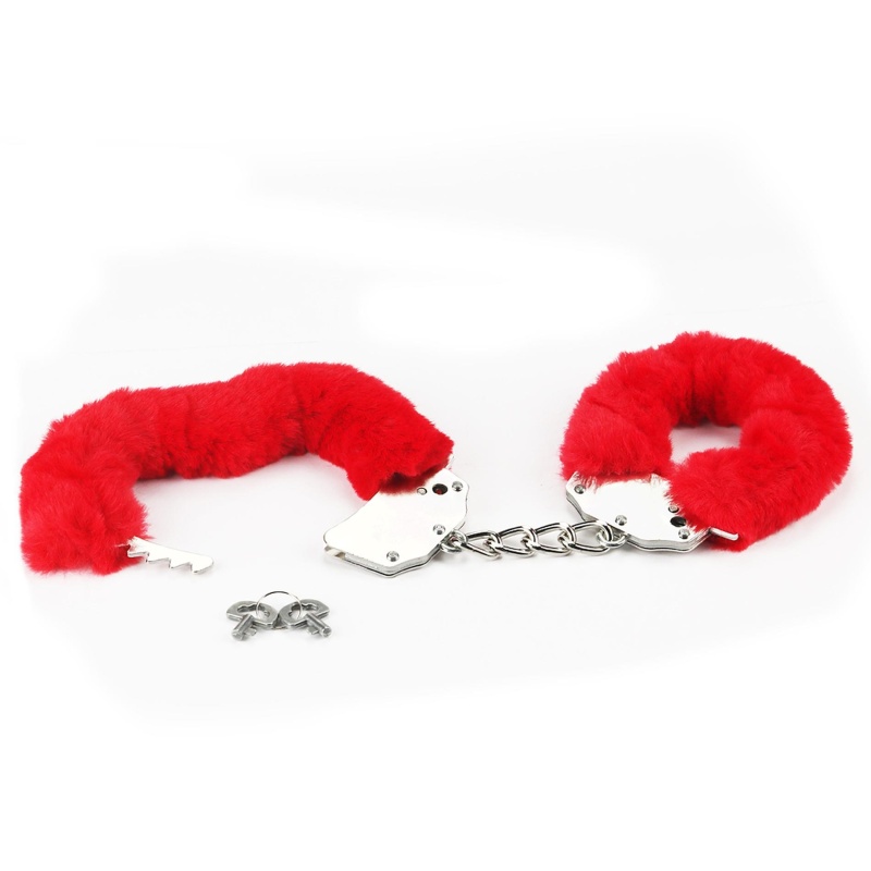 Kajdanki BDSM Fetish Pleasure Fluffy Handcuffs Red 19 cm - metalowe z czerwonym futerkiem - 4