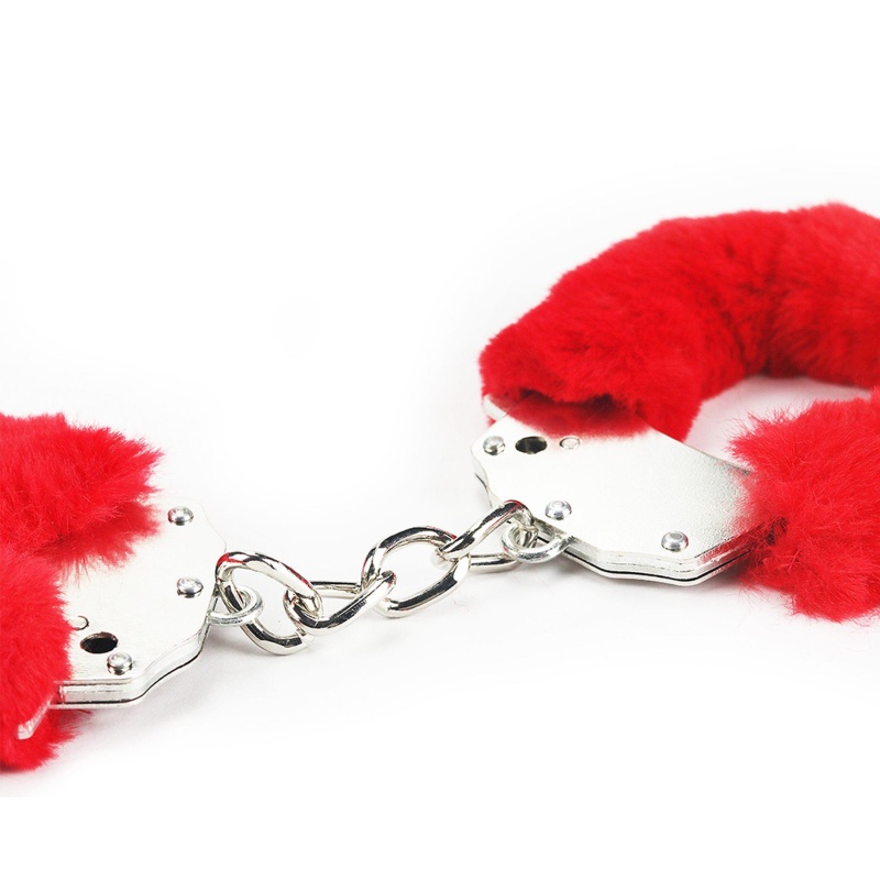 Kajdanki BDSM Fetish Pleasure Fluffy Handcuffs Red 19 cm - metalowe z czerwonym futerkiem - 5