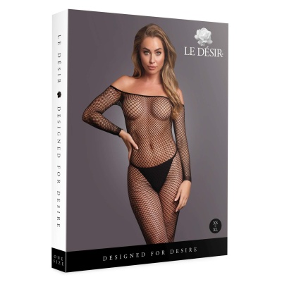 Bodystocking with off shoulder neckline, fishnet structure and open crotch. - 1 2