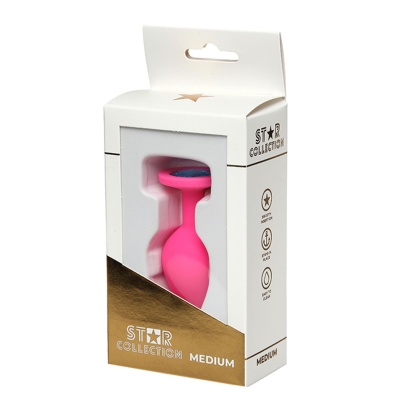 Star Collection - Pink Silicone Anal Plug M - Light Blue Stone - 1