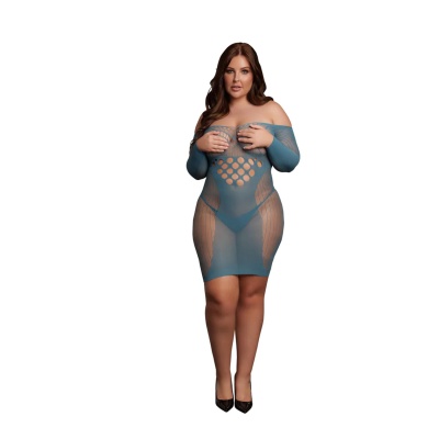 Long-Sleeved Net Mini Dress - Queen Size - Blue - 1