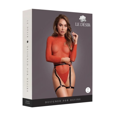 Shimmering Open-Back Bodysuit with PU Leather Garters - One Size - Red/Gold Glitter - 1 2