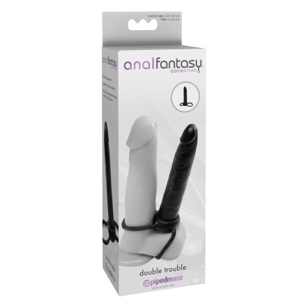 Double Trouble Black - strap-on z podwójną penetracją, bezszwowym dildo i pierścieniami uciskowymi - 3