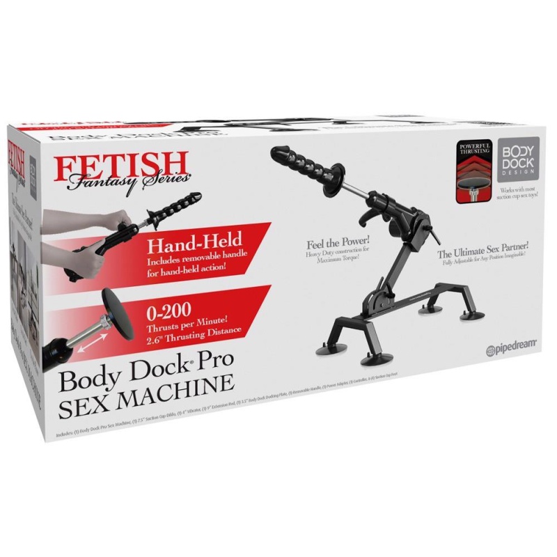 Body Dock Sex Machine Black — maszyna do penetracji z 4 przyssawkami, prętem wysuwnym 22,9 cm, skokiem ponad 6 cm i prędkością d - 1