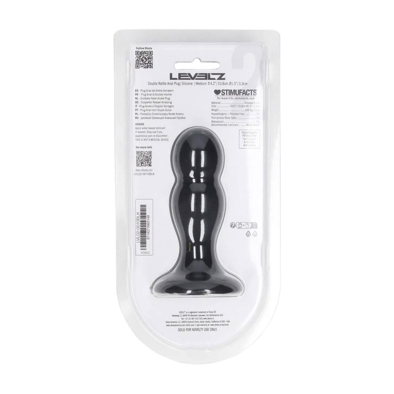 Double Rattle Liquid Silicone Anal Plug - M - Black - 3