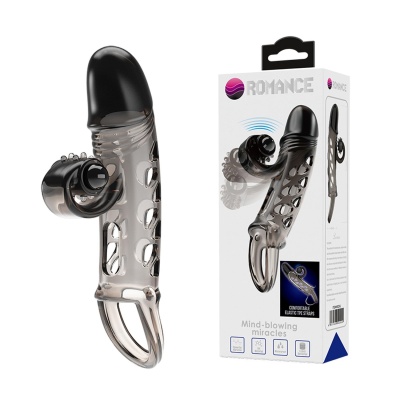 ROMANCE - Penis sleeve,  TPE material,vibration, battery LR41*3, Black - 1