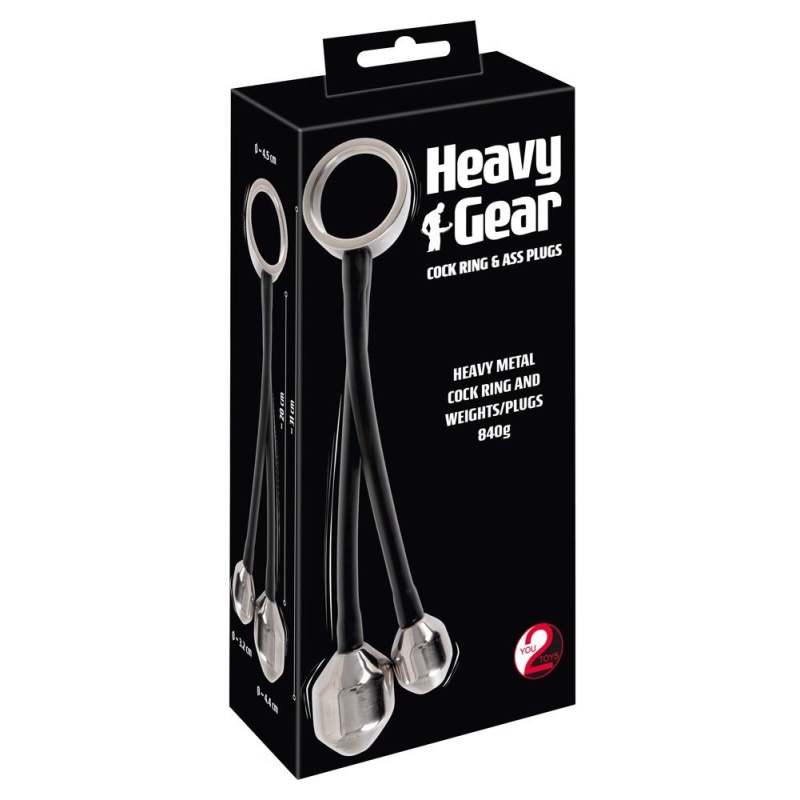 Metalowy pierścień erekcyjny Heavy Gear z dwiema wtyczkami analnymi – Ø 4,5 cm, 840 g - 1
