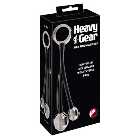 Metalowy pierścień erekcyjny Heavy Gear z dwiema wtyczkami analnymi – Ø 4,5 cm, 840 g - 1