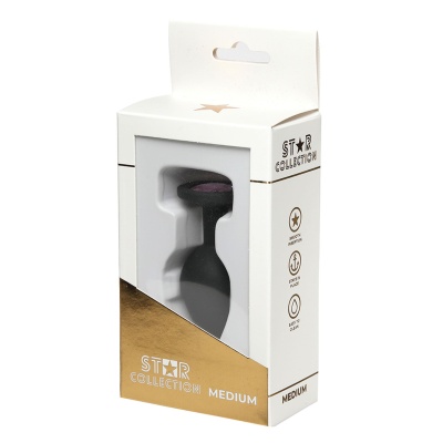 Star Collection - Black Silicone Anal Plug M - Light Pink Stone - 1
