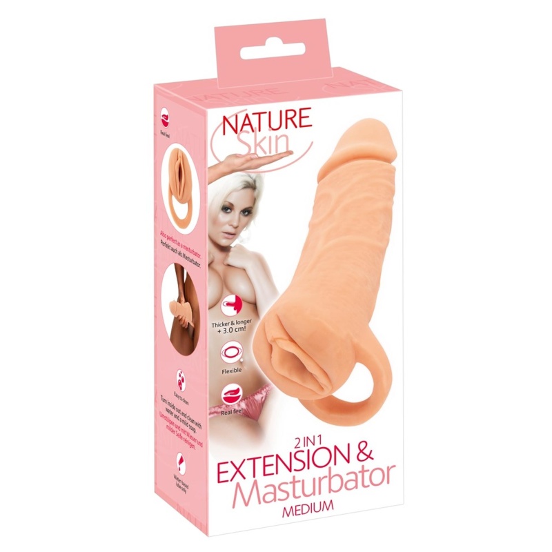 Nature Skin Extender Medium - rękaw powiększający 2w1 z masturbatorem, TPE, 18,5 cm - 1