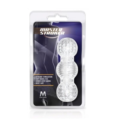 Masturbator Master Stroker Clear - przezroczysty elastomer TPE, 3 komory o zróżnicowanej teksturze, otwarty koniec, 15,2 cm - 1