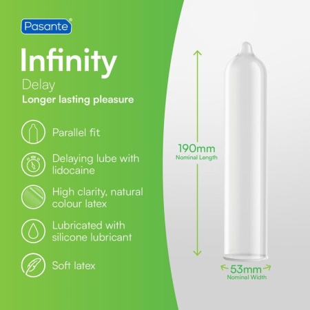 Prezerwatywy opóźniające Infinity X Delay z benzokainą - 144 sztuki, 53 mm - 5