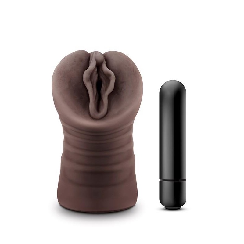 Masturbator Alexis Czekoladowy z wibrującym bulletem i otwartym kanałem, 13,3 cm - 2