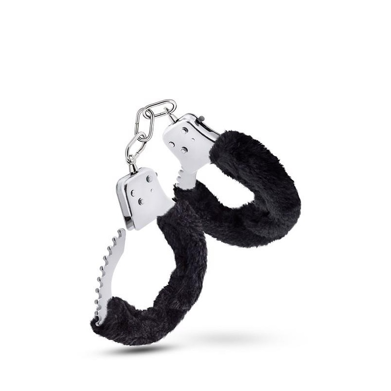 Kajdanki erotyczne Cuffs Black - regulacja 13,9-20 cm, pluszowe pokrycie, zamek z awaryjnym zwolnieniem - 5