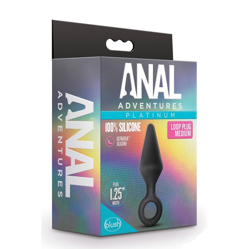 Zatyczka analna Silicone Loop Plug Medium Black - stożkowa, elastyczna, z pętlą, 11,4 cm - 1