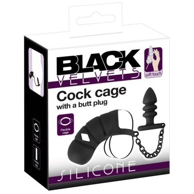 Klatka na penisa z zatyczką analną Black Velvets – silikon anatomiczny 11,5 cm, łańcuch 14 cm - 1