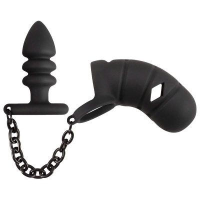 Klatka na penisa z zatyczką analną Black Velvets – silikon anatomiczny 11,5 cm, łańcuch 14 cm - 1 2