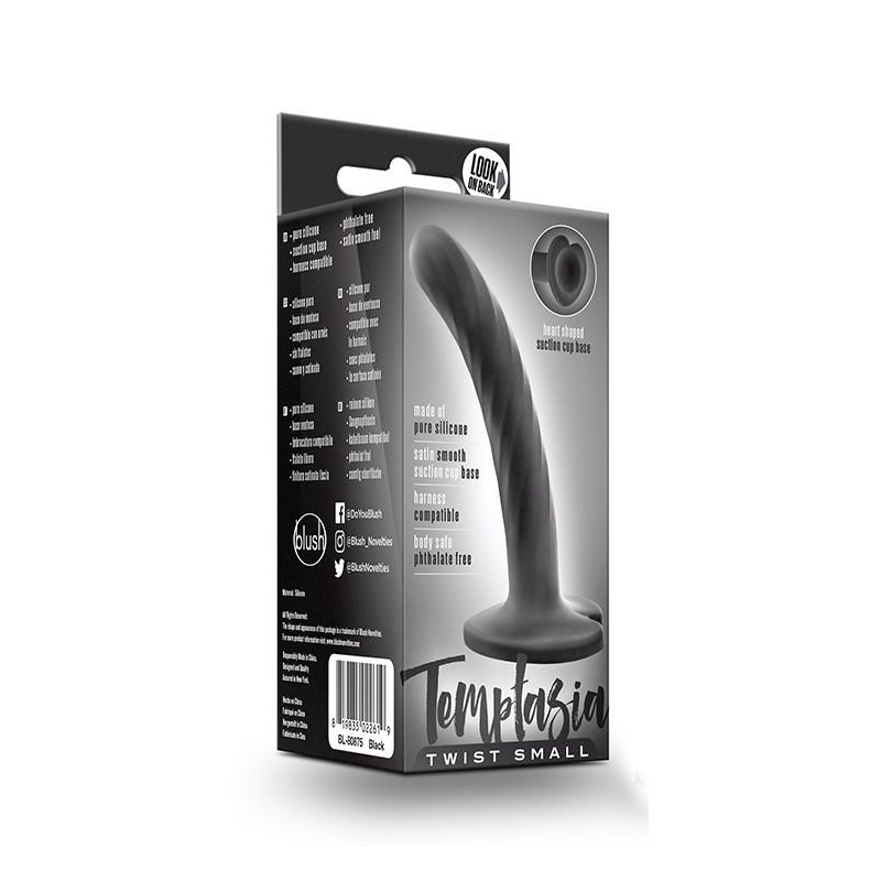Dildo Temptasia Twist Small Black - Skręcona Powierzchnia i Przyssawka Sercowa, 9,5 cm Długości Użytkowej, Ø 1,9 cm - 1