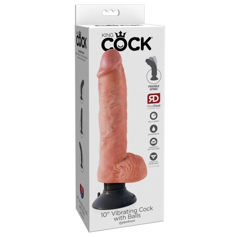 King Cock 10" Vibrating Cock with Balls – wibrator z wyginanym rdzeniem, jądrami i przyssawką, 20,5 cm - 1
