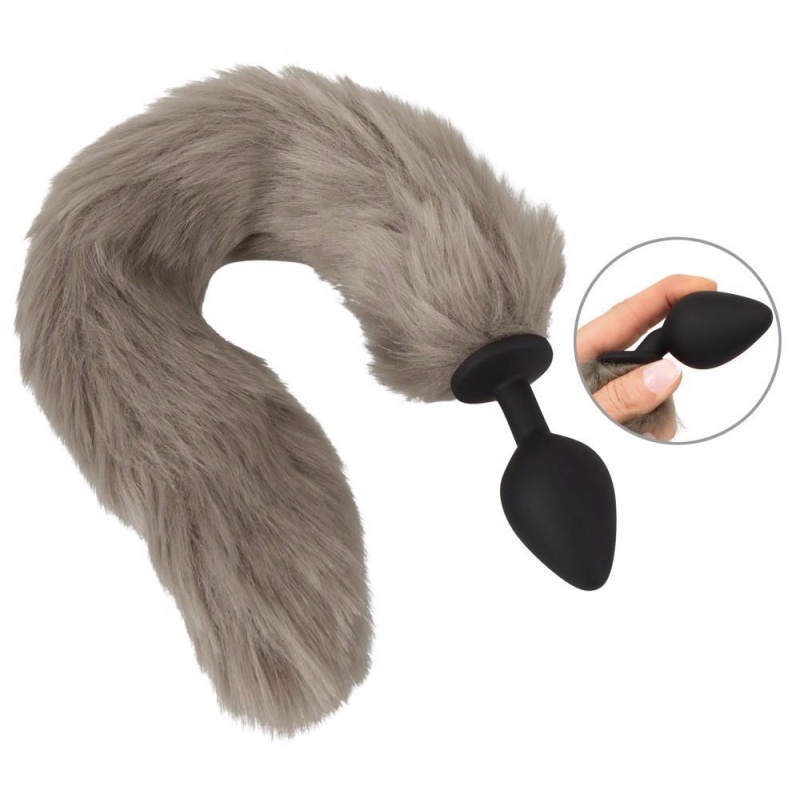 Korek analny z ogonem Fluffy Tail Grey - silikonowy, stożkowy, długość całkowita 45 cm, średnica maks. 3,5 cm - 2