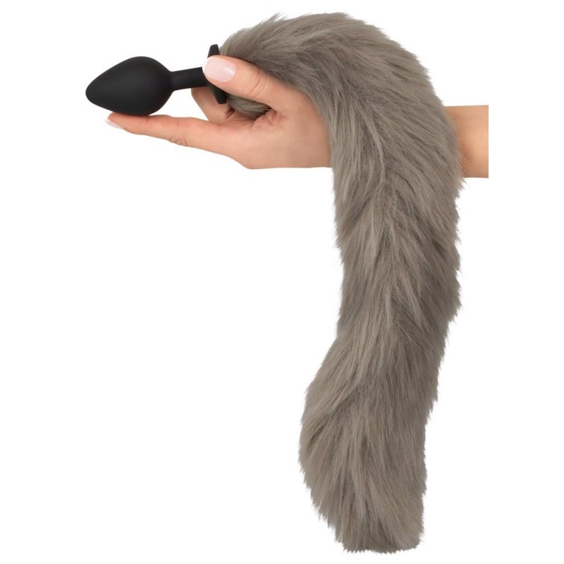 Korek analny z ogonem Fluffy Tail Grey - silikonowy, stożkowy, długość całkowita 45 cm, średnica maks. 3,5 cm - 6