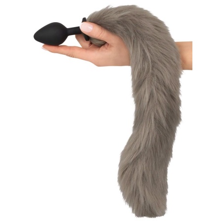 Korek analny z ogonem Fluffy Tail Grey - silikonowy, stożkowy, długość całkowita 45 cm, średnica maks. 3,5 cm - 6