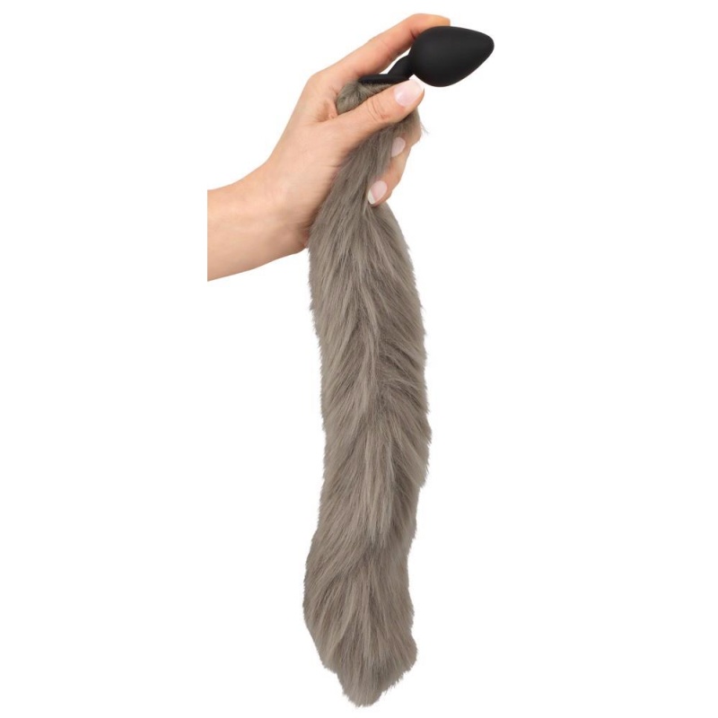 Korek analny z ogonem Fluffy Tail Grey - silikonowy, stożkowy, długość całkowita 45 cm, średnica maks. 3,5 cm - 7