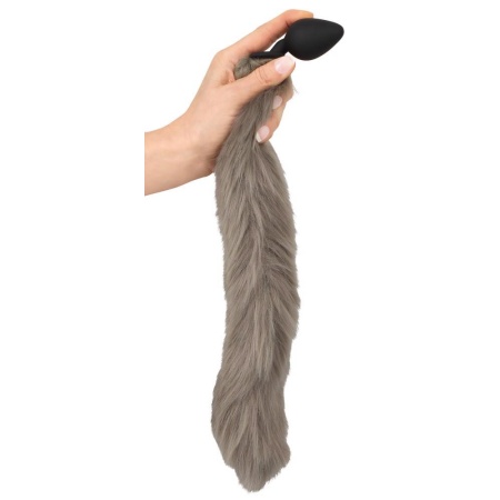 Korek analny z ogonem Fluffy Tail Grey - silikonowy, stożkowy, długość całkowita 45 cm, średnica maks. 3,5 cm - 7