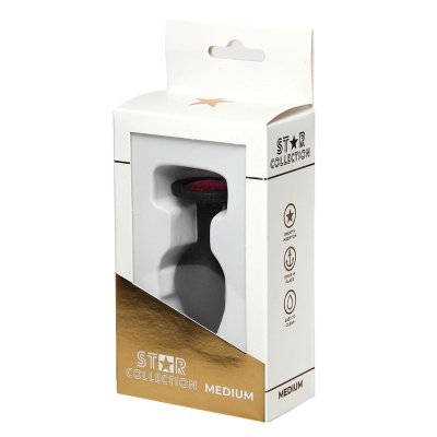 Star Collection - Black Silicone Anal Plug M - Pink Stone - 1