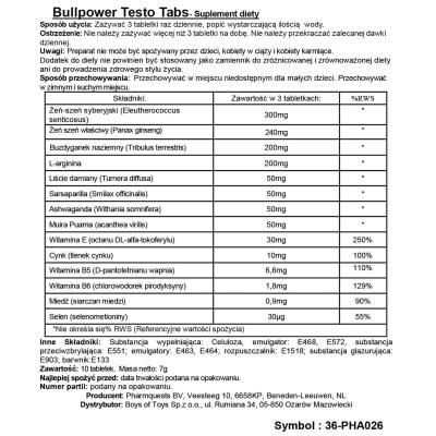 Bull Power Testo Tabs - Stimulating Tablets - 1 2