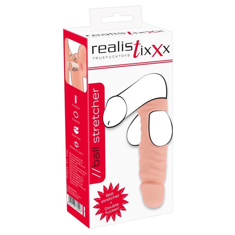 Nakładka na jądra Ball Stretcher z dildo - podwójna penetracja, rozciągliwy pierścień, 14,8 cm - 1