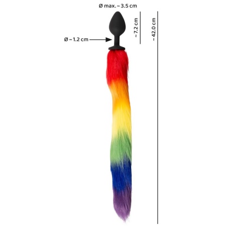 Korek analny z tęczowym ogonem Fluffy Tail Rainbow - silikonowy, stożkowy długość całkowita 42 cm, część do aplikacji 7,2 cm, ø - 7