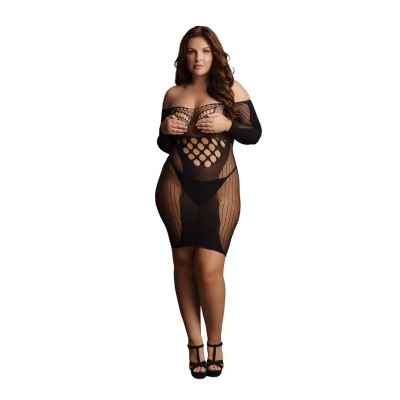 Contrast Net Long Sleeved Mini Dress - Plus Size - 1