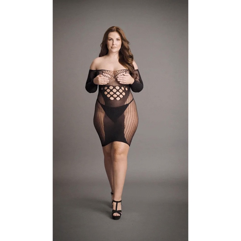 Contrast Net Long Sleeved Mini Dress - Plus Size - 7