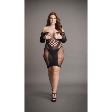 Contrast Net Long Sleeved Mini Dress - Plus Size - 7