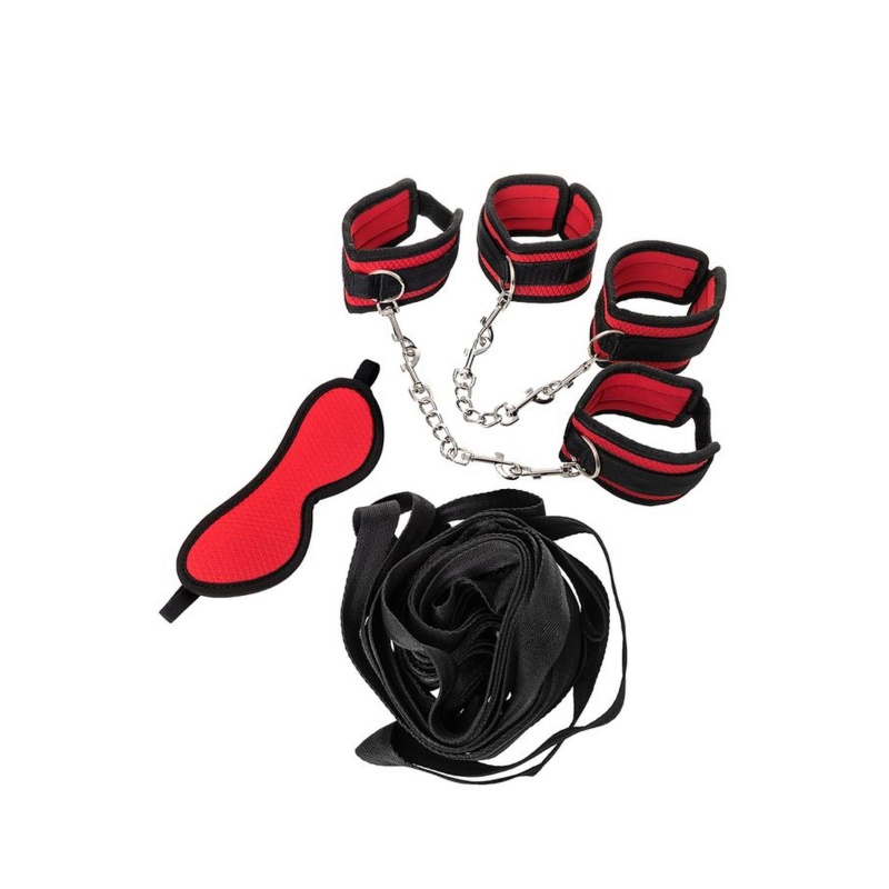 Anonymo Bandage Set - Zestaw do Bondage z Mankietami na Rzepy i Pasami pod Materac, Poliester, Czerwono-Czarny, 0,15 kg - 5