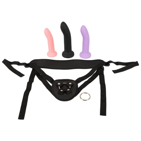 Zestaw Strap-On 4-częściowy - 3 wymienne dilda S/M/L z przyssawką i regulowaną uprzężą, średnice 2,8-4,2 cm - 2
