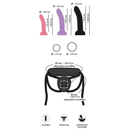 Zestaw Strap-On 4-częściowy - 3 wymienne dilda S/M/L z przyssawką i regulowaną uprzężą, średnice 2,8-4,2 cm - 11