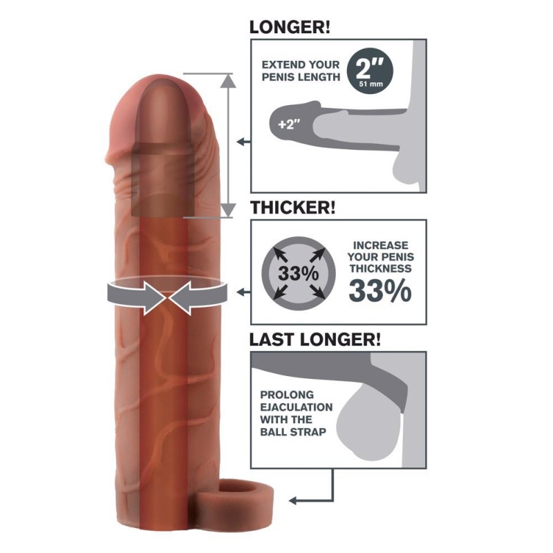 Nakładka przedłużka na penisa Perfect 2 z pierścieniem na jądra, TPE, brązowa, 19 cm - 5