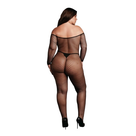 Bodystocking with off shoulder neckline, fishnet structure and open crotch. - 4