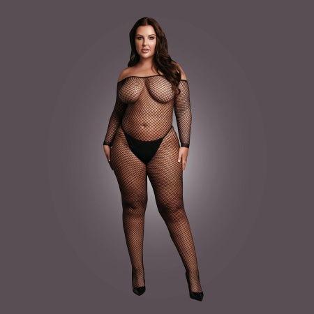 Bodystocking with off shoulder neckline, fishnet structure and open crotch. - 5